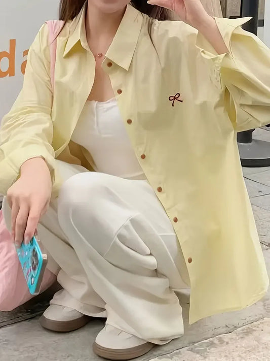 Casual Loose Fit, Butterfly Bow Embroidered Long Sleeve Shirt