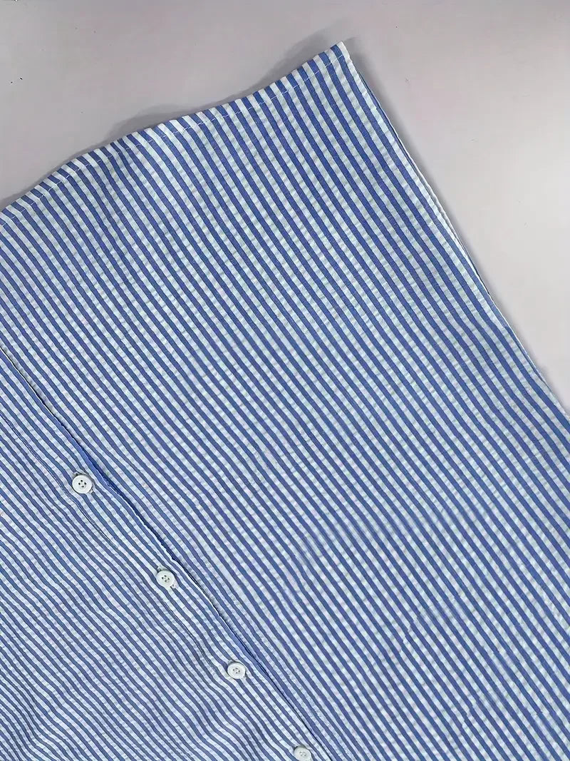 Casual Striped Short Sleeve Button-Up Shirt - Light Blue & White