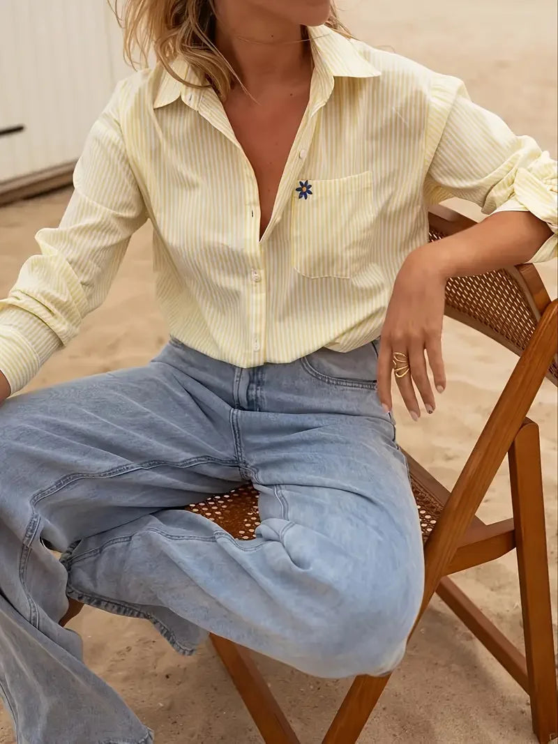 Button-Up Shirt - Long Sleeve, Yellow & White