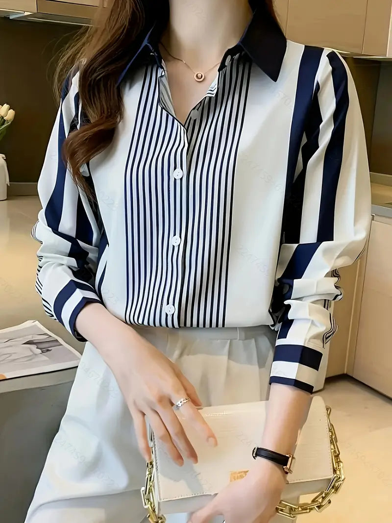 Striped Long Sleeve Blouse - Loose Fit