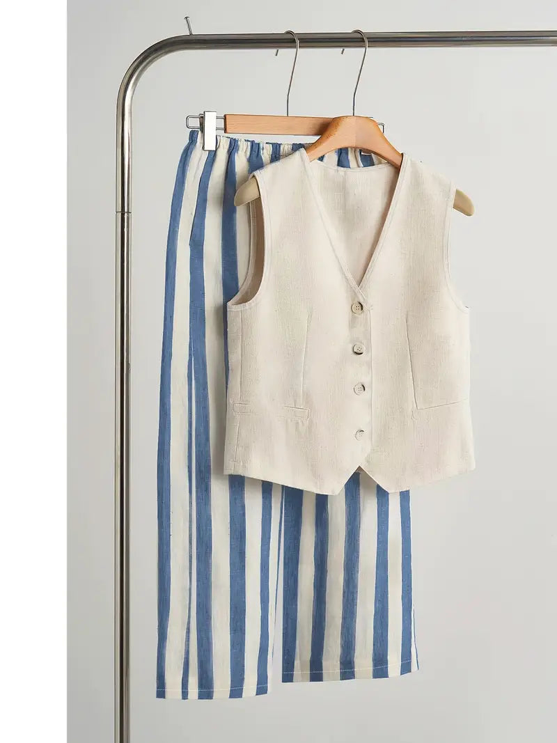 Chic Two-Piece Set Striped Wide-Leg Pants