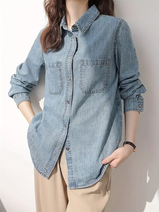 Blue Casual Long Sleeve Chest Patch Pocket Denim Shirts
