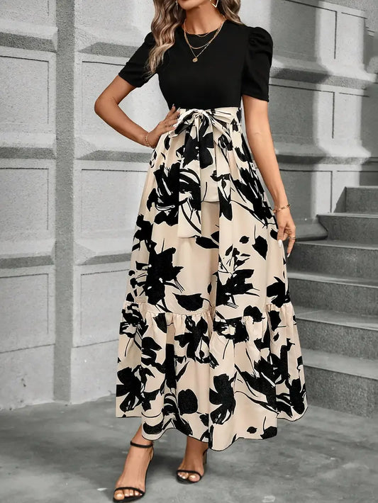 Print Midi Dress with Belt Crew Neck Short Sleeve